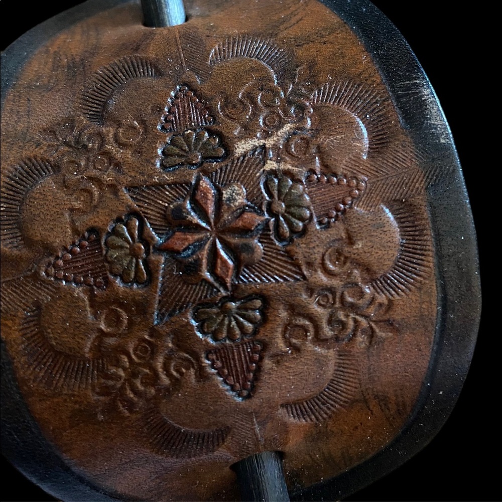 Vintage Handmade Artisan Wooden & Leather Hair Accessory - Picture 2 of 6
